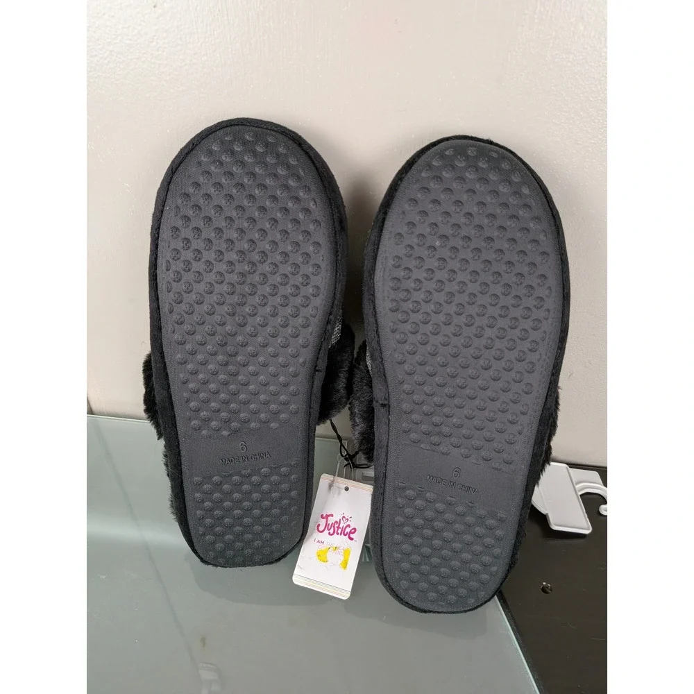 Justice Girls Silver Rhinestone Black Faux Fur Slippers Pink Logo Size 6 NEW